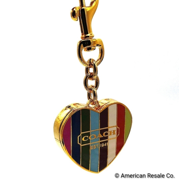 COACH Vintage Legacy Stripe Magnetic Heart Gold Locket Fob Keychain Poppy - Picture 4 of 10